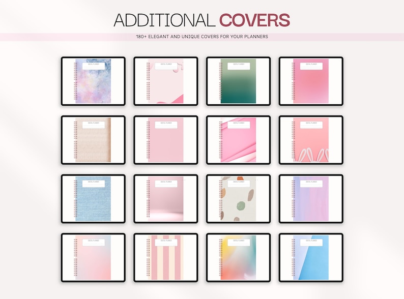 Puede incluir: Una pantalla digital que muestra diecis&eacute;is portadas de planificador rectangulares con varios dise&ntilde;os, incluyendo degradados, colores s&oacute;lidos y patrones. El texto ADDITIONAL COVERS y 180+ ELEGANT AND UNIQUE COVERS FOR YOUR PLANNERS aparece arriba.