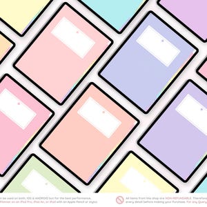 以下が含まれることがあります： グリッド状に配置されたデジタルタブレット画面のコレクション。それぞれがパステルカラーのプランナーカバーを表示しており、白い長方形のラベルエリアがあります。色は、ソフトピンク、イエロー、ライトブルー、ラベンダー、ピーチの色調が含まれています。