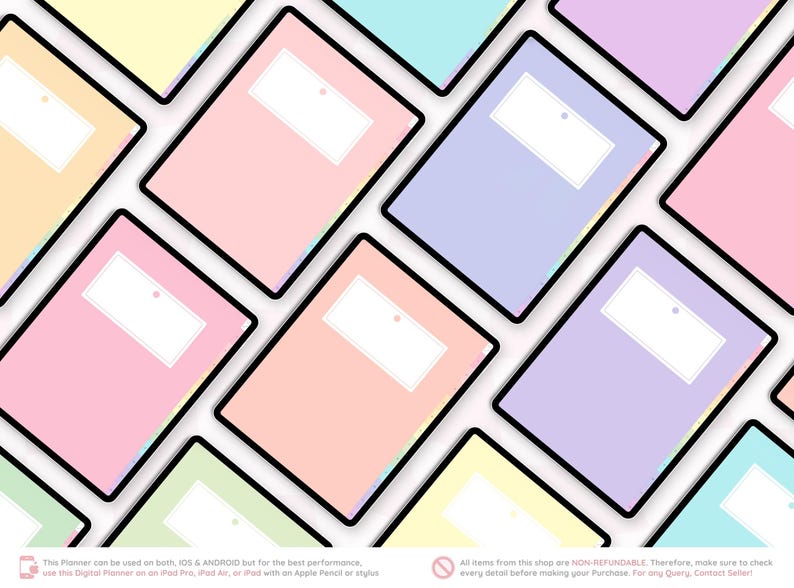 以下が含まれることがあります： グリッド状に配置されたデジタルタブレット画面のコレクション。それぞれがパステルカラーのプランナーカバーを表示しており、白い長方形のラベルエリアがあります。色は、ソフトピンク、イエロー、ライトブルー、ラベンダー、ピーチの色調が含まれています。