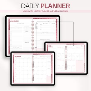 Puede incluir: Un planificador diario digital mostrado en tres pantallas de tableta con detalles en rosa. Las pantallas muestran un horario diario, una vista semanal y un calendario mensual de noviembre. El texto superior dice DAILY PLANNER y LINKED WITH MONTHLY PLANNER AND WEEKLY PLANNER.