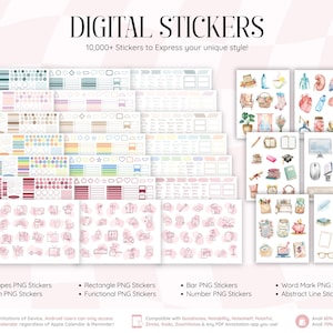 Może przedstawiać: Kolekcja cyfrowych naklejek przedstawiających r&oacute;żne kształty, ikony i funkcjonalne wzory w wielu kolorach. Tekst zawiera napisy DIGITAL STICKERS, 10,000+ Stickers to Express your unique style!, Shapes PNG Stickers, Rectangle PNG Stickers, Bar PNG Stickers, Word Mark PNG Stickers, Icon PNG Stickers, Functional PNG Stickers, Number PNG Stickers oraz Abstract Line Stickers.