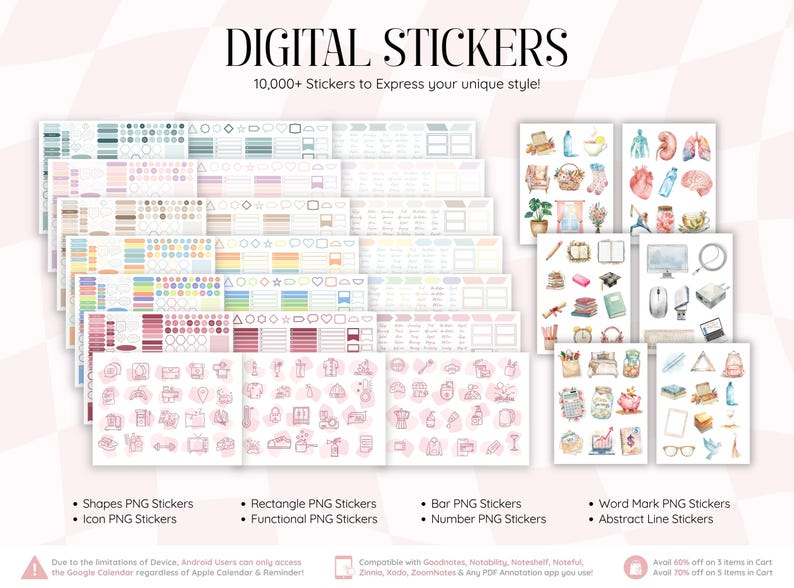 Może przedstawiać: Kolekcja cyfrowych naklejek przedstawiających r&oacute;żne kształty, ikony i funkcjonalne wzory w wielu kolorach. Tekst zawiera napisy DIGITAL STICKERS, 10,000+ Stickers to Express your unique style!, Shapes PNG Stickers, Rectangle PNG Stickers, Bar PNG Stickers, Word Mark PNG Stickers, Icon PNG Stickers, Functional PNG Stickers, Number PNG Stickers oraz Abstract Line Stickers.