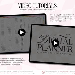 Może przedstawiać: Dwa tablety wyświetlające zawartość cyfrowego planera i samouczki wideo. Ekrany pokazują stronę indeksu oraz tytuł DIGITAL PLANNER LETS MAKE THIS YEAR AMAZING z przyciskami odtwarzania. Tekst zawiera nagł&oacute;wek VIDEO TUTORIALS oraz instrukcje.