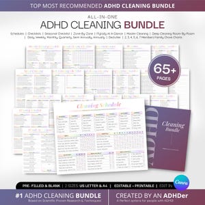 May include: A collection of printable ADHD cleaning bundles with various schedules and checklists. The bundle includes 65+ pages and features a cleaning schedule, decluttering guides, and more. The text includes "ADHD Cleaning Bundle" and "Editable + Printable".