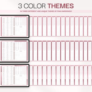 Puede incluir: Una pantalla de planificador digital con tres filas de dise&ntilde;os en temas de color rosa y granate. Cada fila muestra una p&aacute;gina de &iacute;ndice abierta seguida de varias vistas de p&aacute;gina verticales. El texto 3 COLOR THEMES est&aacute; en la parte superior, con IN THREE DIFFERENT AND UNIQUE THEMES OF PINK-MAROONISH! debajo.