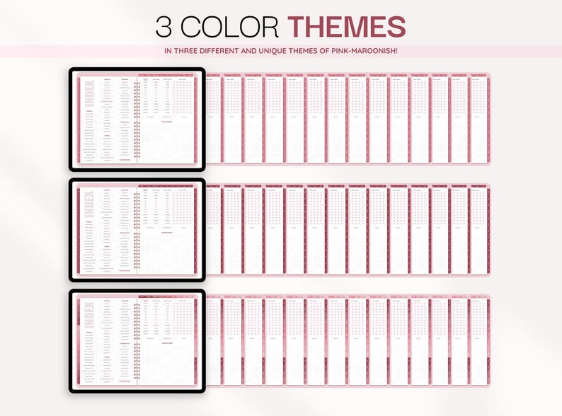 Puede incluir: Una pantalla de planificador digital con tres filas de dise&ntilde;os en temas de color rosa y granate. Cada fila muestra una p&aacute;gina de &iacute;ndice abierta seguida de varias vistas de p&aacute;gina verticales. El texto 3 COLOR THEMES est&aacute; en la parte superior, con IN THREE DIFFERENT AND UNIQUE THEMES OF PINK-MAROONISH! debajo.