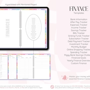 May include: A digital finance planner displayed on a tablet screen with a spiral-bound layout, featuring hyperlinked tabs and a list of templates including Bank Information, Expenses, Income, Savings, Bills, Debt, and Investment trackers.