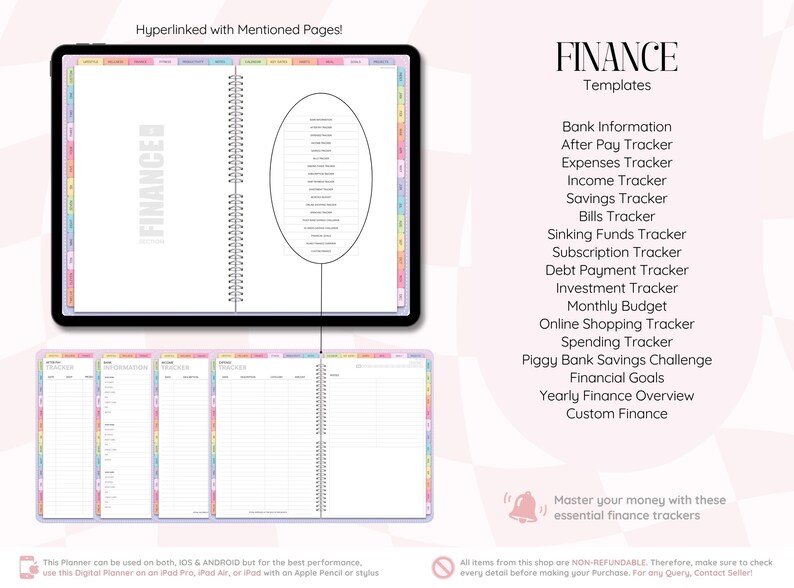 May include: A digital finance planner displayed on a tablet screen with a spiral-bound layout, featuring hyperlinked tabs and a list of templates including Bank Information, Expenses, Income, Savings, Bills, Debt, and Investment trackers.