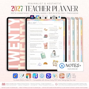 May include: A digital 2027 teacher planner displayed on a tablet screen, featuring a daily schedule with hourly slots, task lists, and colourful icons. The interface includes tabs for navigation, text labels, and a notes section for classroom management.