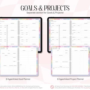 May include: A digital planner display showing two tablets with GOALS & PROJECTS text at the top. The left tablet shows a goal tracker with 8 hyperlinked goal planners, and the right tablet shows a project tracker with 8 hyperlinked project planners.