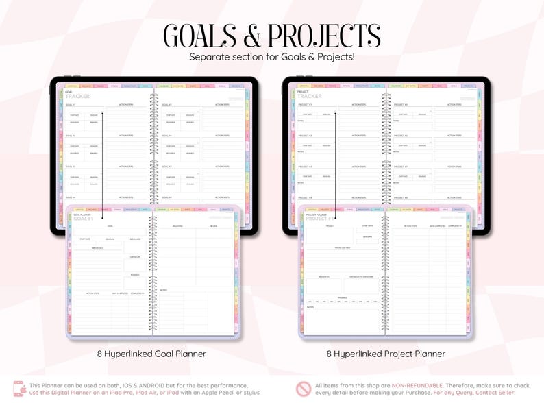 May include: A digital planner display showing two tablets with GOALS & PROJECTS text at the top. The left tablet shows a goal tracker with 8 hyperlinked goal planners, and the right tablet shows a project tracker with 8 hyperlinked project planners.