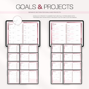 Puede incluir: Un dise&ntilde;o de planificador digital titulado GOALS & PROJECTS que presenta dos pantallas de tableta principales y diecis&eacute;is vistas de pantalla m&aacute;s peque&ntilde;as. La interfaz incluye detalles en rosa, plantillas de seguimiento y flechas de navegaci&oacute;n.