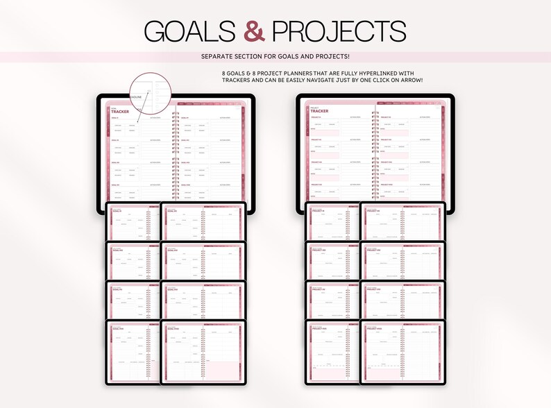 Puede incluir: Un dise&ntilde;o de planificador digital titulado GOALS & PROJECTS que presenta dos pantallas de tableta principales y diecis&eacute;is vistas de pantalla m&aacute;s peque&ntilde;as. La interfaz incluye detalles en rosa, plantillas de seguimiento y flechas de navegaci&oacute;n.