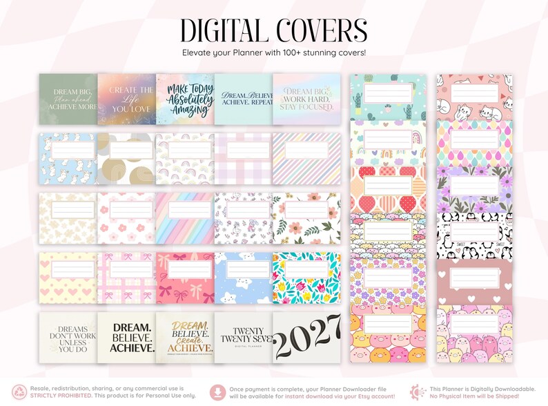 May include: A collection of digital planner covers featuring various patterns, colors, and motivational text. The designs include floral, animal, and geometric prints, along with labels for customization. The text reads DIGITAL COVERS.