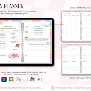 May include: A digital daily planner displayed on a tablet screen, featuring a detailed schedule, to-do list, and notes section. The layout includes links to monthly and weekly planner views, with icons for Google Calendar, Apple, and AI tools.