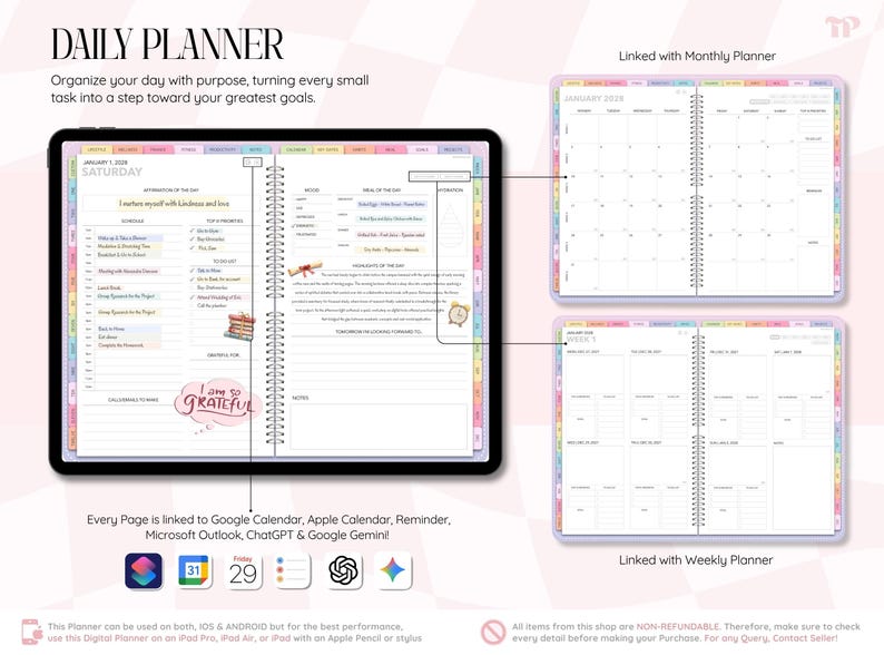 May include: A digital daily planner displayed on a tablet screen, featuring a detailed schedule, to-do list, and notes section. The layout includes links to monthly and weekly planner views, with icons for Google Calendar, Apple, and AI tools.
