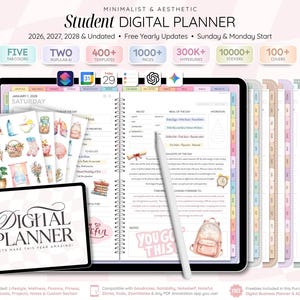 May include: A digital student planner with a minimalist and aesthetic design. The planner includes 1000+ pages, 400+ templates, and 10,000+ stickers. It features a Sunday & Monday start, free yearly updates, and is compatible with Goodnotes, Notability, and other apps.