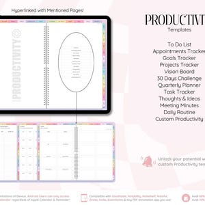 May include: A digital productivity planner displayed on a tablet screen with hyperlinked tabs, featuring templates for to-do lists, goals, projects, vision boards, and daily routines. The interface includes a spiral-bound layout and text labels.