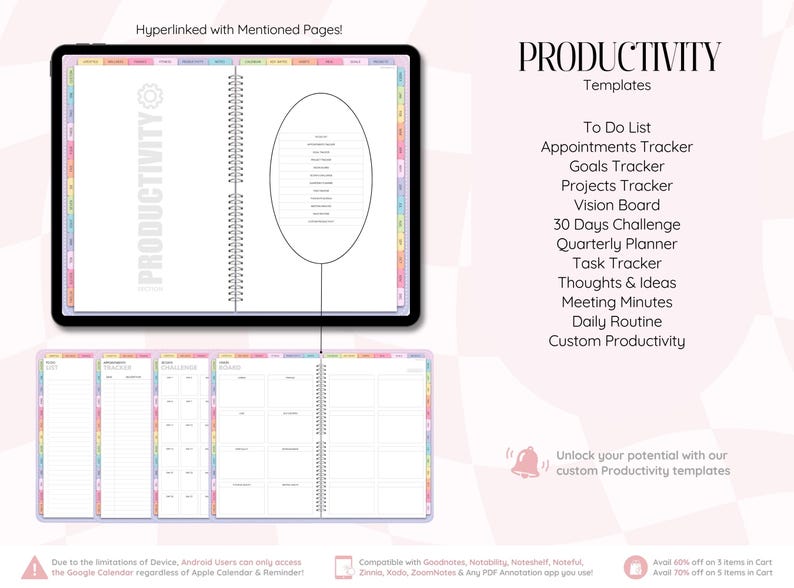 May include: A digital productivity planner displayed on a tablet screen with hyperlinked tabs, featuring templates for to-do lists, goals, projects, vision boards, and daily routines. The interface includes a spiral-bound layout and text labels.