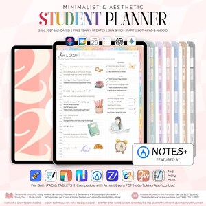 Agenda étudiant numérique 2026, 2027, non daté, format portrait, pour iPad et Android | Journal quotidien, hebdomadaire et mensuel | Compatible avec Goodnotes, Notability et Noteshelf