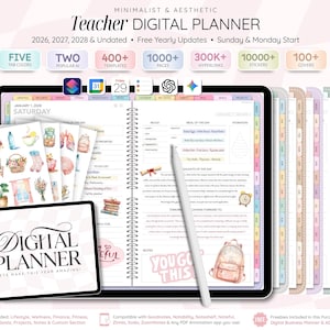 Puede incluir: Un planificador digital para profesores con un diseño minimalista y estético. Incluye más de 1000 páginas, 10000+ pegatinas y 100+ cubiertas. Ofrece actualizaciones anuales gratuitas y comienza los domingos y lunes. La imagen también muestra un planificador digital más pequeño.