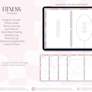 Może przedstawiać: Cyfrowy planer fitness wyświetlony na ekranie tabletu, zawierający listę szablon&oacute;w, w tym Progress Tracker, Fitness Goals, Fitness Journey, Gym Planner, Intermittent Fasting, Workout Log, Running Log, Vitamins & Supplements.