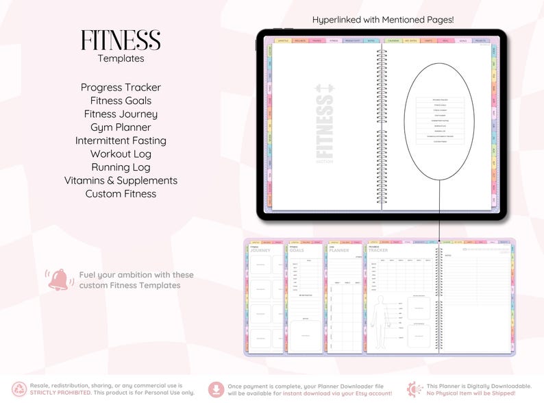 Może przedstawiać: Cyfrowy planer fitness wyświetlony na ekranie tabletu, zawierający listę szablon&oacute;w, w tym Progress Tracker, Fitness Goals, Fitness Journey, Gym Planner, Intermittent Fasting, Workout Log, Running Log, Vitamins & Supplements.