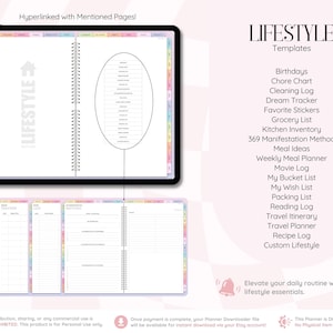 Może przedstawiać: Cyfrowy planer stylu życia wyświetlany na ekranie tabletu z hiperłączami i listą szablon&oacute;w, w tym Birthdays, Chore Chart, Cleaning Log, Dream Tracker, Grocery List, Kitchen Inventory, 369 Manifestation Method oraz innymi opcjami.