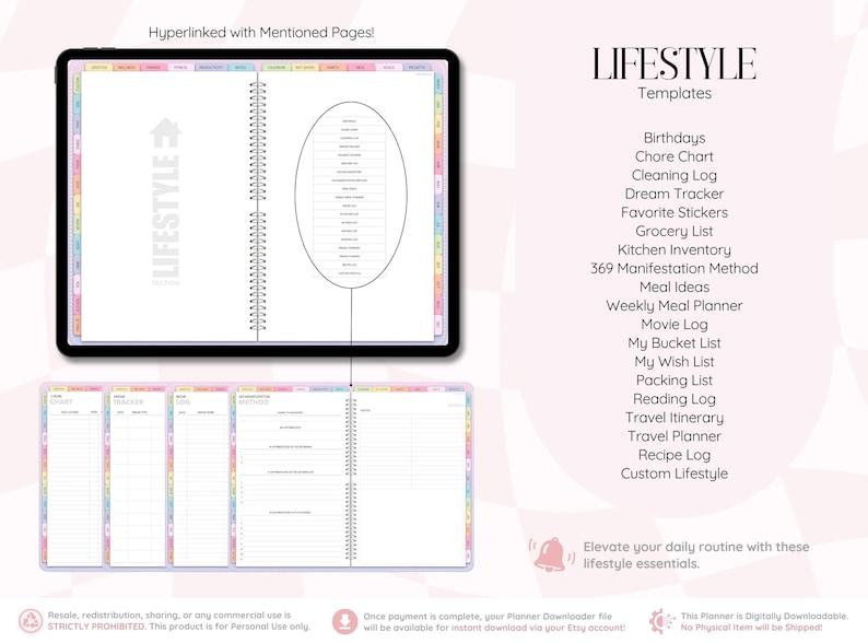 Może przedstawiać: Cyfrowy planer stylu życia wyświetlany na ekranie tabletu z hiperłączami i listą szablon&oacute;w, w tym Birthdays, Chore Chart, Cleaning Log, Dream Tracker, Grocery List, Kitchen Inventory, 369 Manifestation Method oraz innymi opcjami.