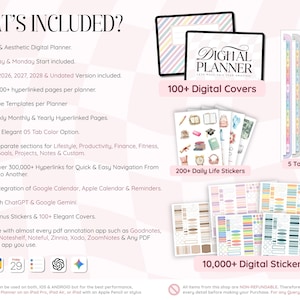 May include: A digital planner set featuring 1000+ hyperlinked pages, 400+ templates, 100+ covers, and 10,000+ stickers. Includes sections for lifestyle, finance, and fitness, with compatibility for PDF annotation apps like Goodnotes and Notability.