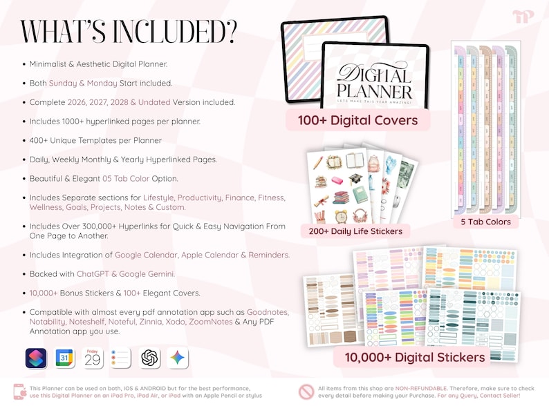 May include: A digital planner set featuring 1000+ hyperlinked pages, 400+ templates, 100+ covers, and 10,000+ stickers. Includes sections for lifestyle, finance, and fitness, with compatibility for PDF annotation apps like Goodnotes and Notability.