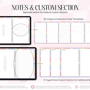 May include: A digital planner interface displaying a Notes and Custom section with 20 unique interactive note templates and 12 hyperlinked custom sections. The layout features spiral-bound notebook pages with colorful tabs and grid or lined paper.