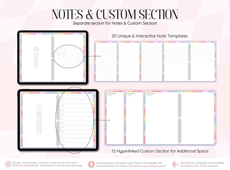 May include: A digital planner interface displaying a Notes and Custom section with 20 unique interactive note templates and 12 hyperlinked custom sections. The layout features spiral-bound notebook pages with colorful tabs and grid or lined paper.