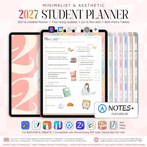 May include: A digital student planner for 2027 displayed on a tablet screen, featuring a daily schedule layout with task lists, watercolor-style illustrations of books, a clock, and a person studying, alongside various app icons and text labels.