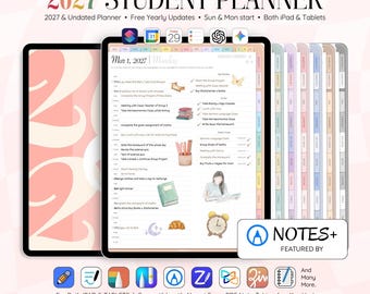 Puede incluir: Una agenda estudiantil digital para 2027 mostrada en la pantalla de una tableta, con un diseño de horario diario con listas de tareas, ilustraciones estilo acuarela de libros, un reloj y una persona estudiando, junto a iconos de apps.