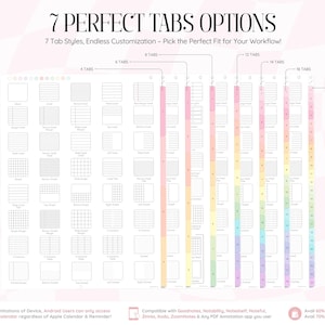 以下が含まれることがあります： 4、6、8、12、14、18、24のタブオプションを備えたデジタルプランナーのレイアウト。罫線、方眼、無地のページテンプレートが表示されています。テキストには「7 PERFECT TABS OPTIONS」および「7 Tab Styles, Endless Customization - Pick the Perfect Fit for Your Workflow!」と記載されています。