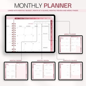 Puede incluir: Una interfaz de planificador mensual digital que muestra una vista de calendario principal con pesta&ntilde;as para &iacute;ndice, objetivos y proyectos. Incluye p&aacute;ginas vinculadas para planificador semanal, presupuesto mensual, revisi&oacute;n mensual y vista general.