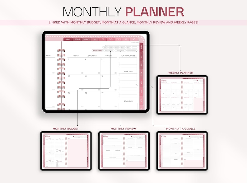 Puede incluir: Una interfaz de planificador mensual digital que muestra una vista de calendario principal con pesta&ntilde;as para &iacute;ndice, objetivos y proyectos. Incluye p&aacute;ginas vinculadas para planificador semanal, presupuesto mensual, revisi&oacute;n mensual y vista general.