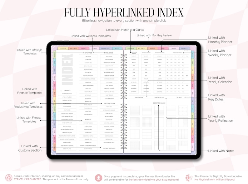 May include: A digital planner interface displayed on a tablet screen, featuring a fully hyperlinked index page with categorized sections for finance, lifestyle, fitness, wellness, productivity, and notes, organized with colorful side tabs.