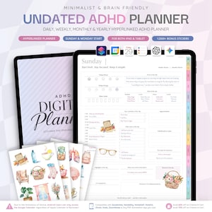 Könnte beinhalten: Ein undatierter ADHD-Digitalplaner für iPad und Tablet mit täglichen, wöchentlichen, monatlichen und jährlichen Ansichten. Enthält über 12.000 Bonus-Aufkleber. Der Planer hat ein minimalistisches Design.
