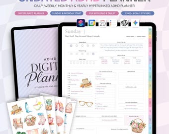 Undated ADHD Digital Planner | iPad Android | Daily, Weekly, Monthly, Yearly Hyperlinked Planner | Goodnotes, Notability, Noteshelf, Noteful