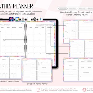 May include: A digital monthly planner displayed on a tablet screen, featuring a January 2028 calendar layout with tabs, linked pages for monthly budgets, reviews, and weekly schedules, alongside icons for calendar and productivity applications.