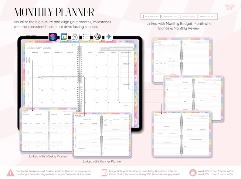 May include: A digital monthly planner displayed on a tablet screen, featuring a January 2028 calendar layout with tabs, linked pages for monthly budgets, reviews, and weekly schedules, alongside icons for calendar and productivity applications.