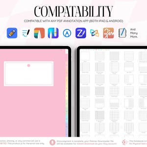 以下が含まれることがあります： 2つの画面に表示されたデジタルプランナー。左側の画面は、白い長方形のラベルが付いた無地のピンク色の表紙です。右側の画面には、罫線や方眼など、さまざまなページレイアウトテンプレートのグリッドが表示されています。
