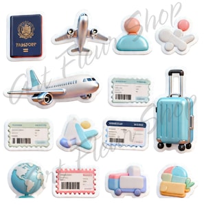 May include: A collection of travel-themed stickers, including a passport, airplane, tickets, globe, and a blue suitcase. The stickers are in various colors, such as blue, white, pink, and silver. The word "PASSPORT" is visible on the passport sticker.