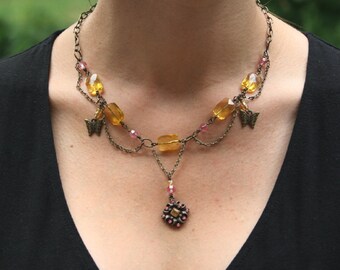 Pink Crystal and Pineapple Yellow Glass Necklace in Antique Brass - Butterflies, Medallion, Medieval, Chain, Scallop, Collar