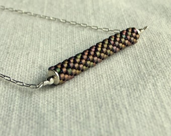 Peyote Stitch Stick Bar Necklace - Iridescent, Beige, Neutral, Silver, Modern, Contemporary, Hand Made, Stitched