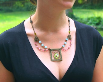 Enamel Pendant Collar Necklace - light blue, pink, yellow & green