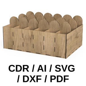 May include: A wooden organizer with multiple vertical slots, featuring a light brown finish. The design includes a series of arched dividers and the text "CDR / AI / SVG / DXF / PDF" in black.