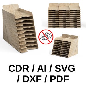 May include: Wooden desk organisers with multiple compartments, shown in different arrangements. The organisers are made of light-coloured wood and have a slatted design. The image also includes the text "CDR / AI / SVG / DXF / PDF".